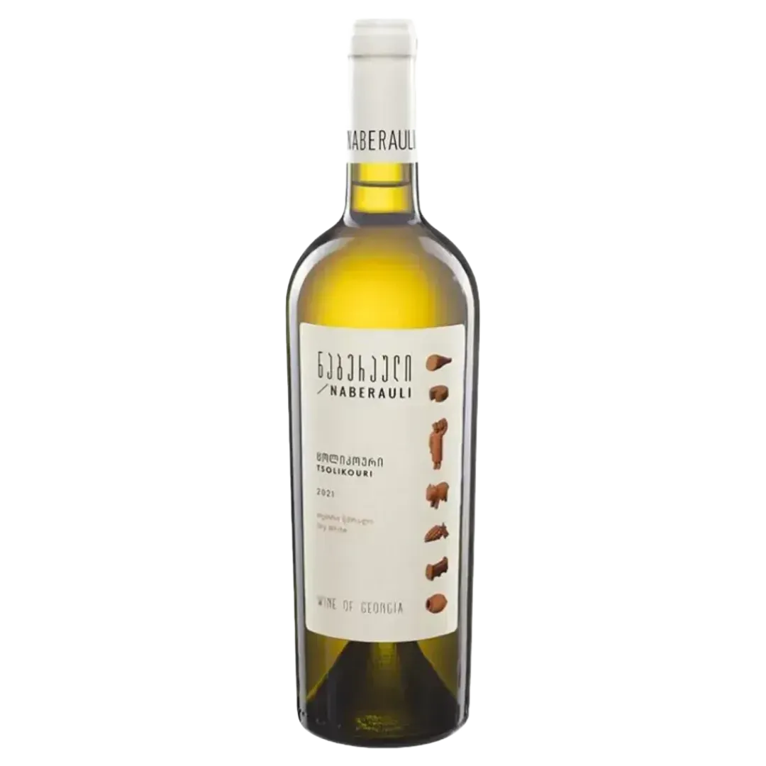 Flasche georgischer Weißwein Naberauli Tsolikouri 2021 – eleganter, trockener Wein aus Westgeorgien mit feiner Säure und Aromen von Zitrusfrüchten und Blumen.