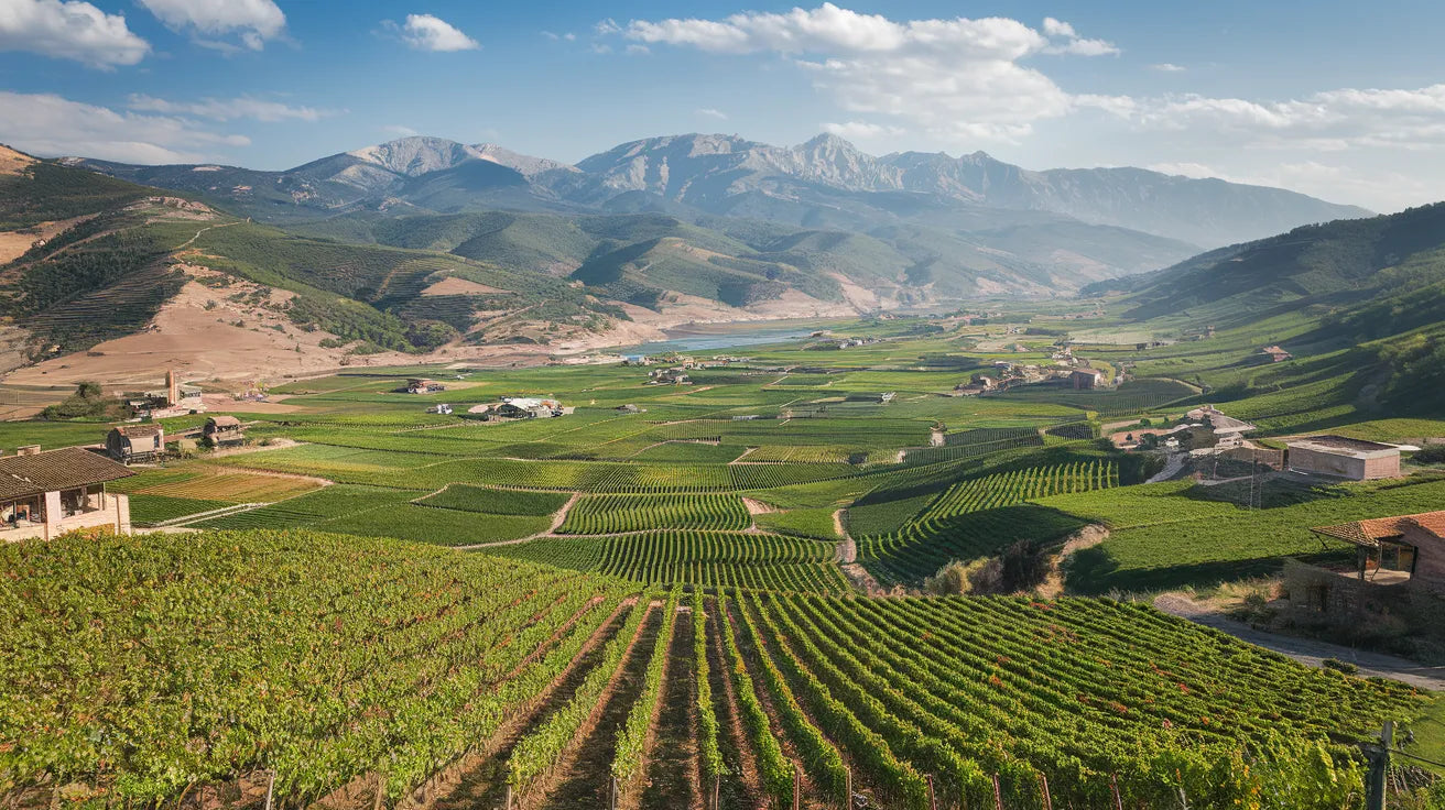  Weite Weinberge in der Region Kachetien, die sich entlang des Alazani-Tals erstrecken, umgeben von den majestätischen Gipfeln des Kaukasus. Die hügelige Landschaft und traditionelle Weingüter fügen sich harmonisch in die Natur ein.