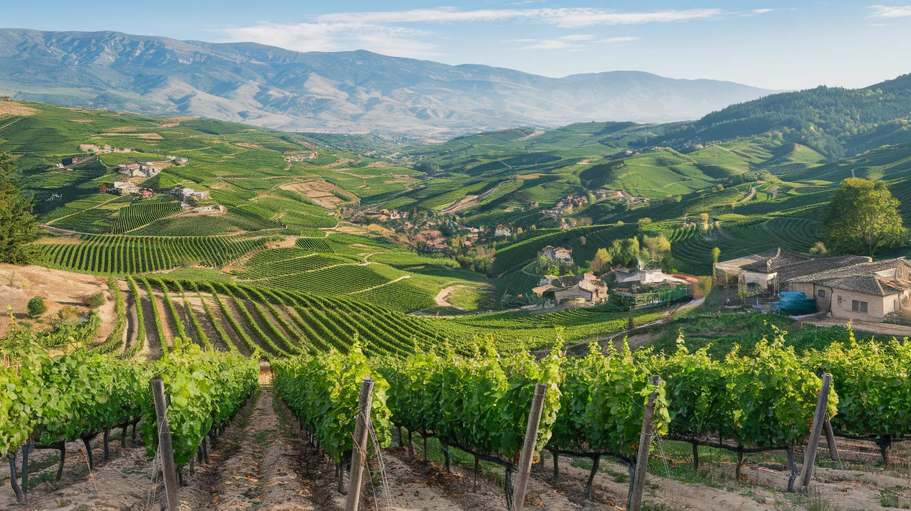 Eine malerische georgische Weinberglandschaft mit sanften grünen Hügeln, traditionellen Steinhäusern und einer majestätischen Bergkulisse unter klarem blauem Himmel.