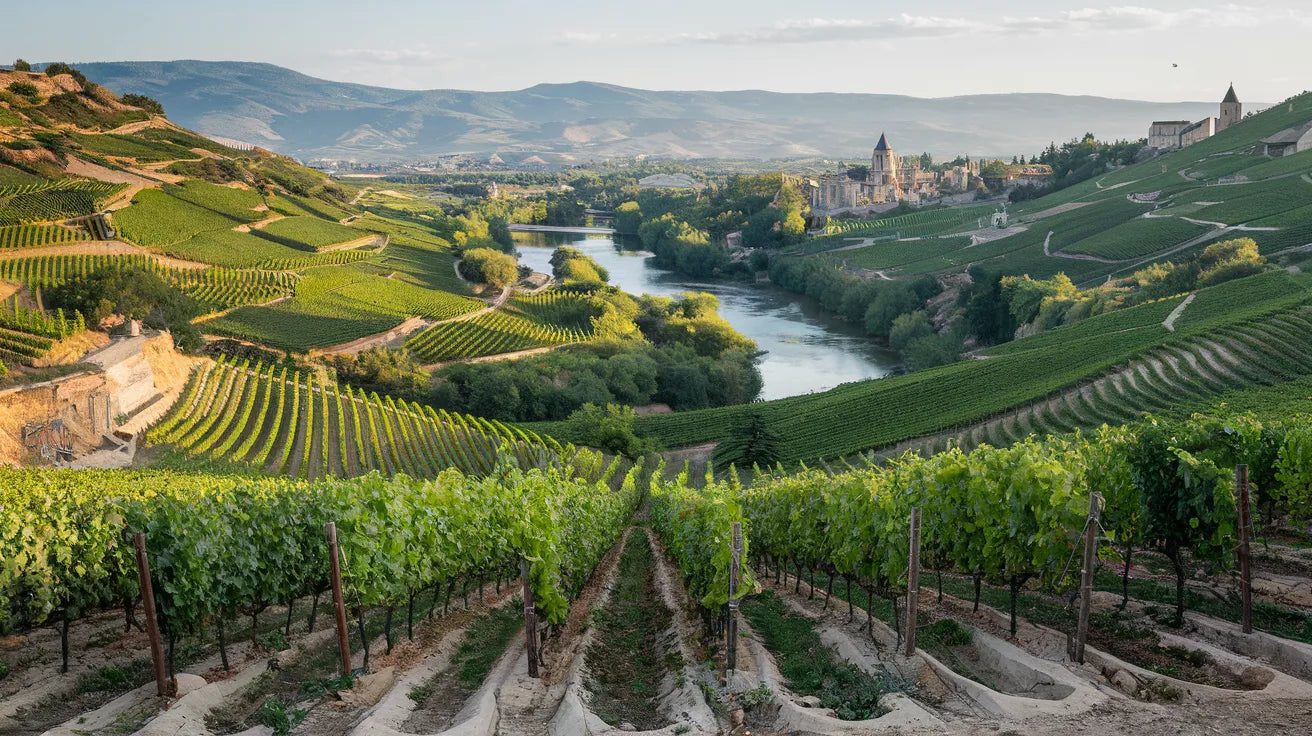 Weinberge in der Kartli-Region, Georgien, mit sanften Hügeln, einem Fluss und historischen Gebäuden im Hintergrund – bekannt für seine vielfältigen Rebsorten und das kulturelle Erbe.
