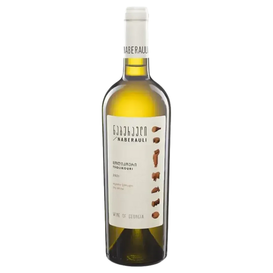 Flasche georgischer Weißwein Naberauli Tsolikouri 2021 – eleganter, trockener Wein aus Westgeorgien mit feiner Säure und Aromen von Zitrusfrüchten und Blumen.