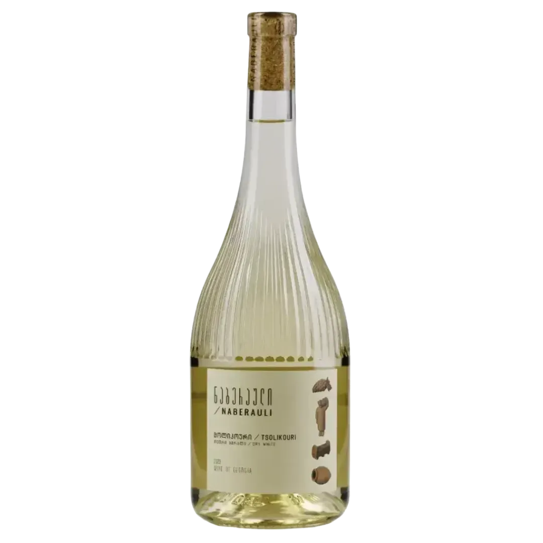A bottle of Naberauli Tsolikouri 2023 white wine with an elegant ribbed glass design and a label featuring Georgian script and grape illustrations.