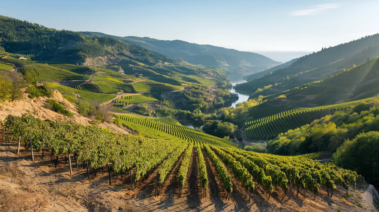 Malerische Weinberge in der Region Racha-Lechkhumi, Georgien, mit steilen Hängen, üppigem Grün und einem Fluss, der sich durch das Tal schlängelt – bekannt für Khvanchkara- und Tvishi-Weine.