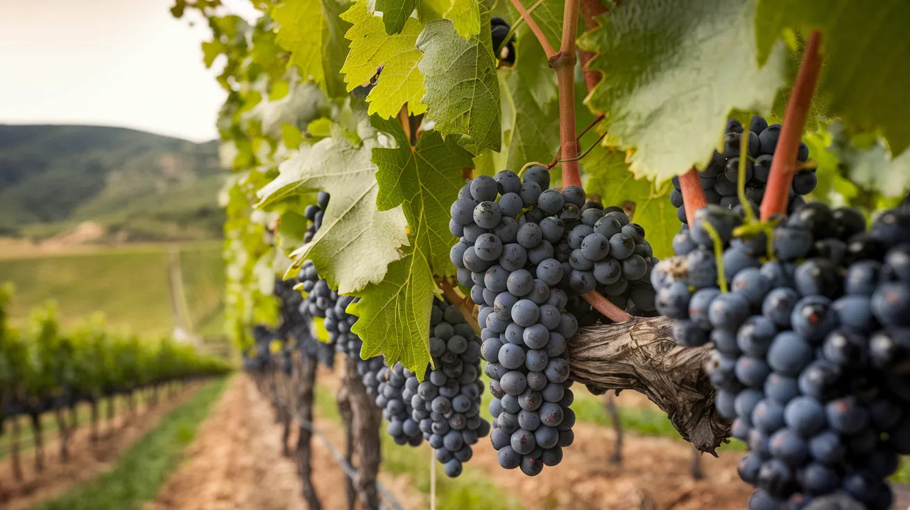 Nahaufnahme von reifen Saperavi-Trauben an der Weinrebe, mit grünen Blättern und einem unscharfen Weinberg im Hintergrund – eine der wichtigsten georgischen Rebsorten für kräftige Rotweine.