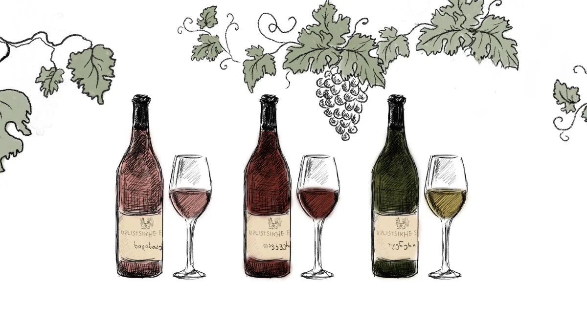Künstlerische Illustration von Uplistsikhe Estate Weinen mit drei Weinflaschen, Weingläsern und Weinreben – eine Hommage an die georgische Weintradition.